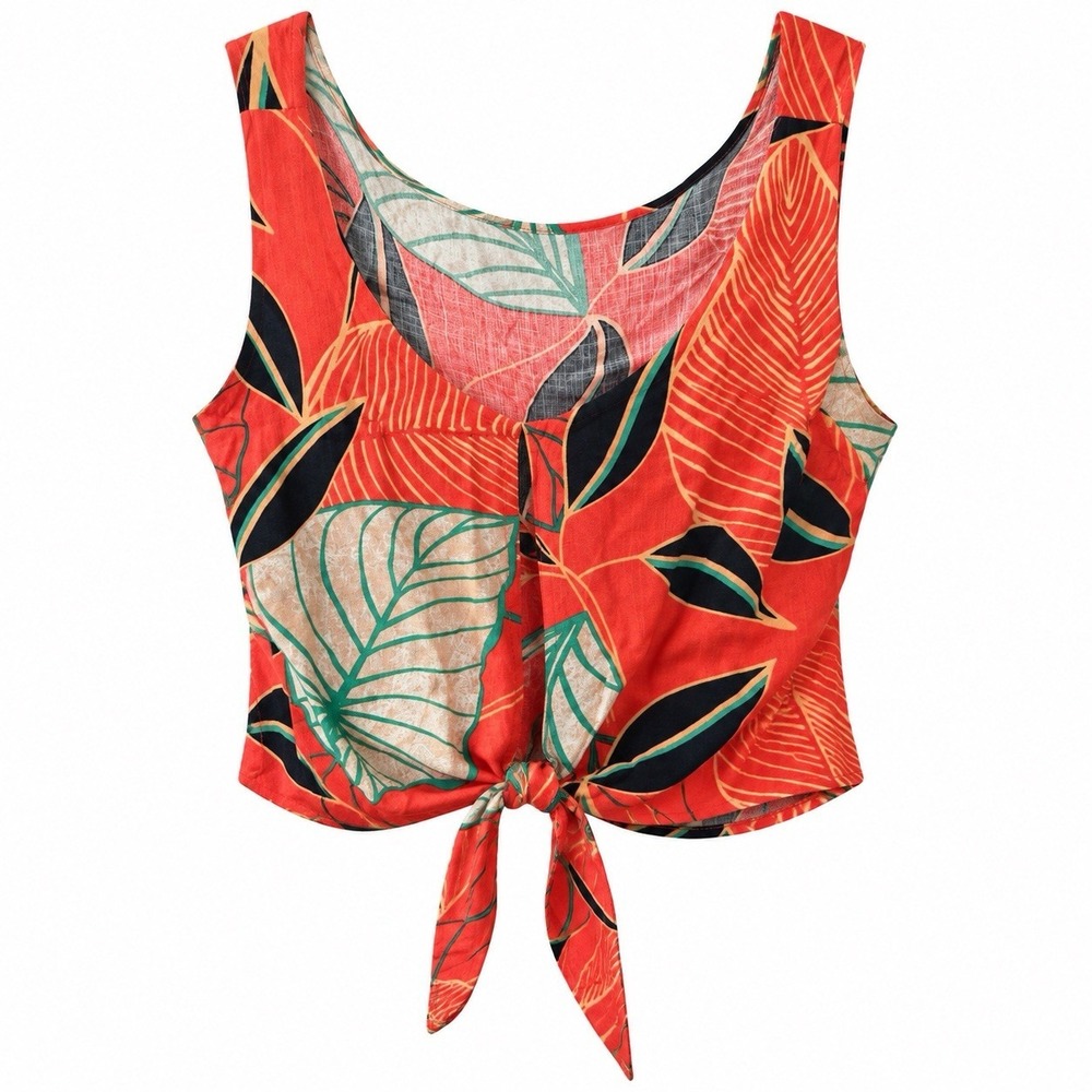 Tropical Leaf Tie Front Crop Top Women Orange Green Black Sleeveless Resort